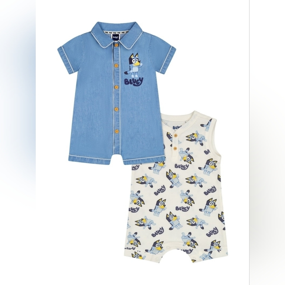 NWT Bluey Baby Boy 2 Pack Romper Set Size 18 months 18m Blue and White 2pc